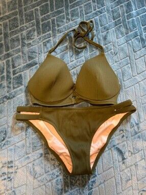 Shade & Shore Olive Ribbed Halter Bikini Set